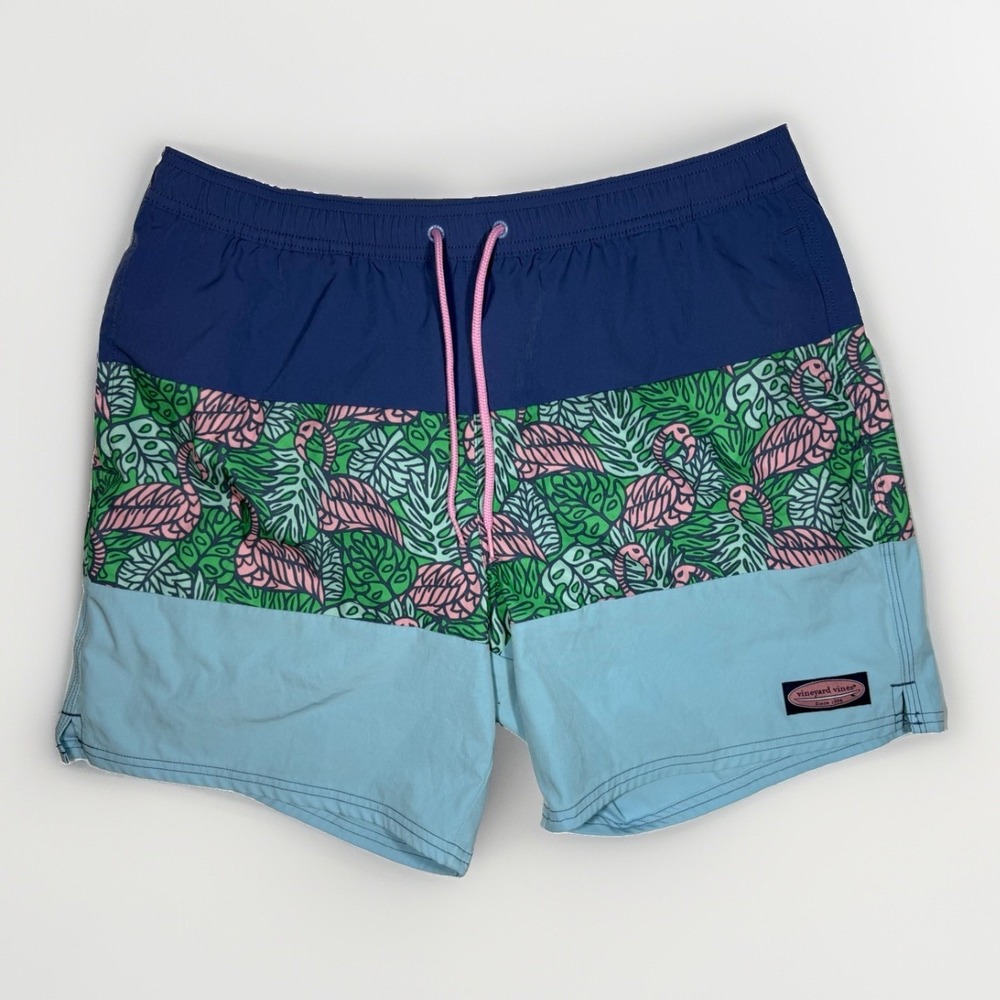 Vineyard Vines Men's Swim Trunks Flamingo Tropical Print Blue Size L